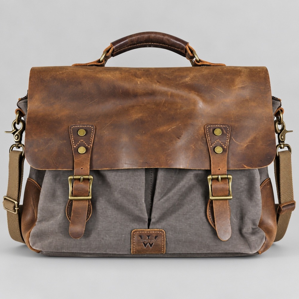 Wowbox Mens Messenger Bag Canvas Leather Laptop Satchel Brown Grey Vintage Style
